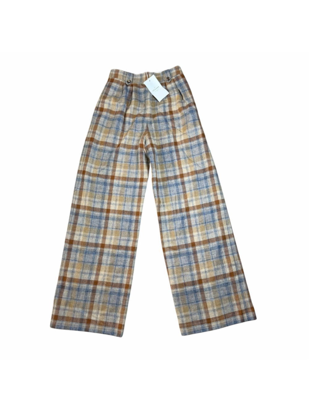 NWT Sezane Loulou Trouser in Tan Blue Plaid Check Wool Wide Leg Pants 36/6 - Picture 4 of 12